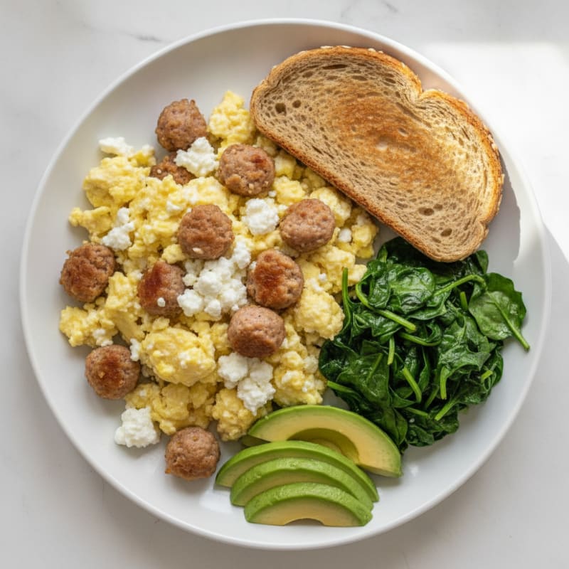 Cottage Cheese Scramble with Turkey Sausage and Sautéed Spinach