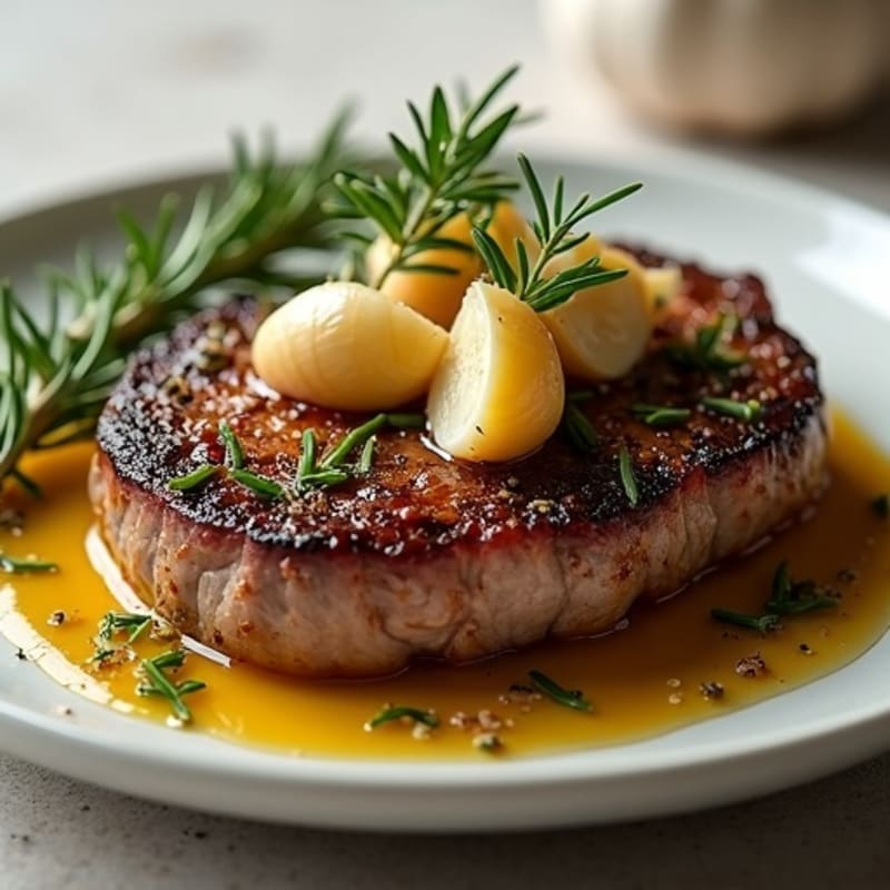 Herb-Crusted Pan Seared Steak with Roasted Garlic