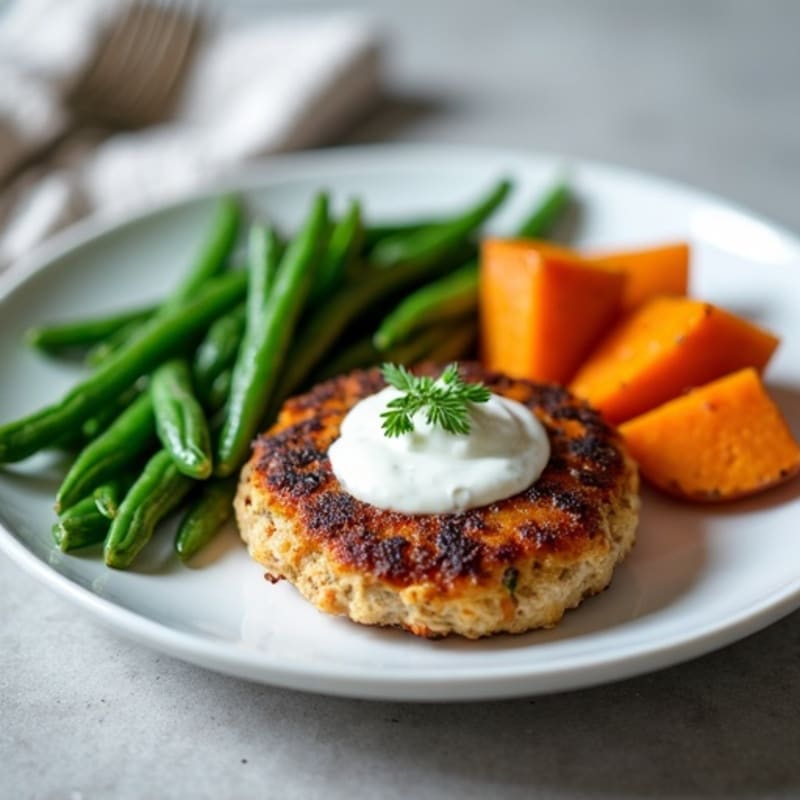 Seared Turkey Patties with Roasted Sweet Potato and Green Beans