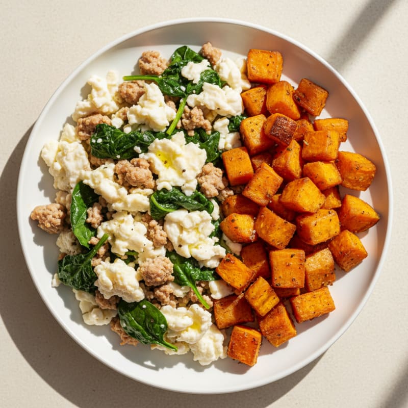 Egg White and Turkey Spinach Scramble with Roasted Sweet Potato