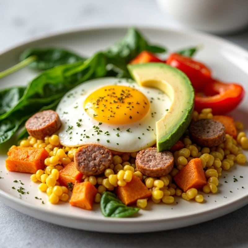 Egg White Scramble with Turkey Sausage and Roasted Sweet Potatoes