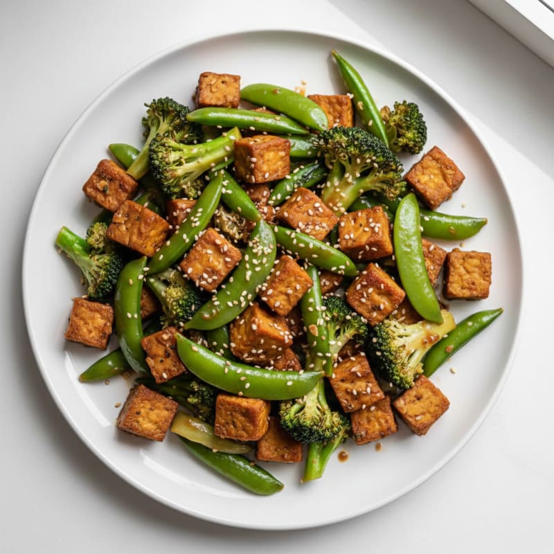 Crispy Tempeh Stir Fry with Broccoli and Snap Peas