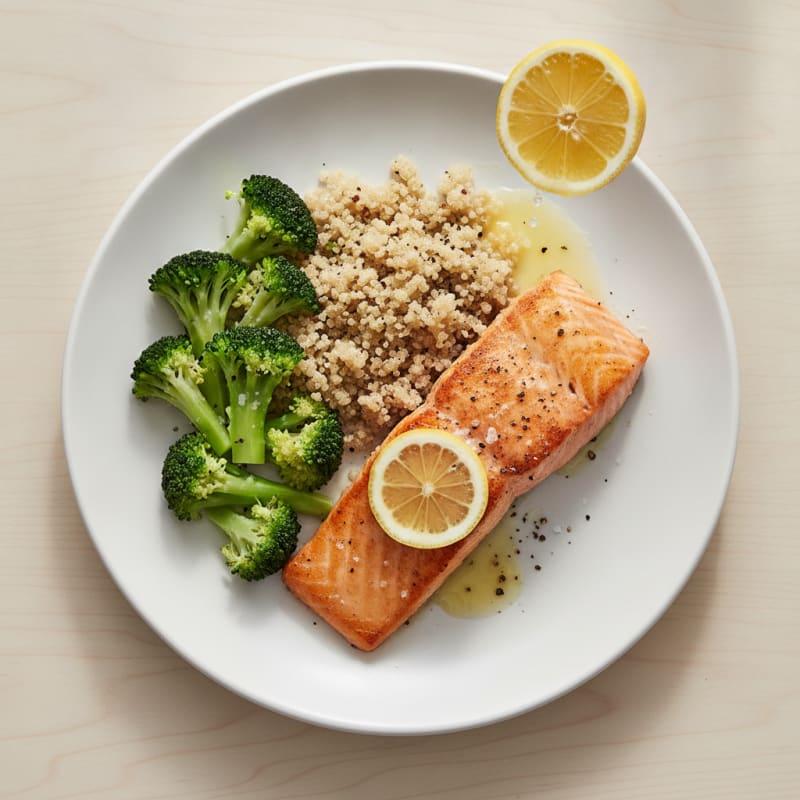 Seared Salmon Fillet with Steamed Broccoli and Quinoa