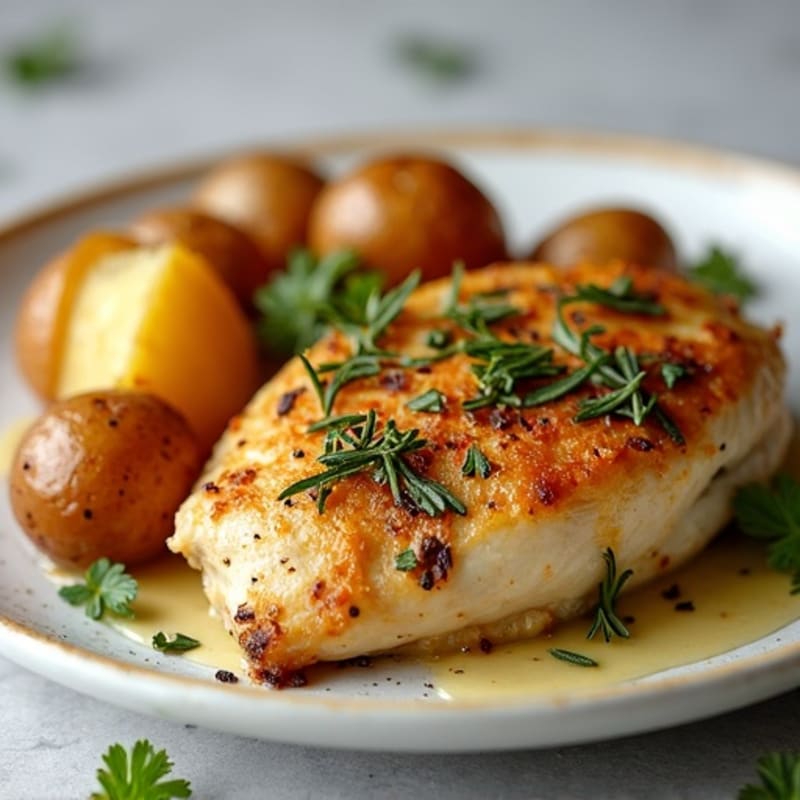 Herb-Roasted Chicken with Crispy Garlic Smashed Potatoes