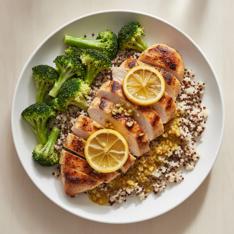Grilled Lemon Garlic Chicken Breast with Quinoa and Steamed Broccoli