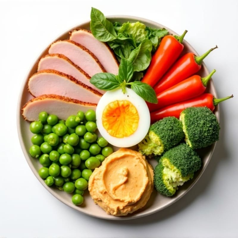 Protein-Packed Snack Plate with Fresh Vegetables and Creamy Hummus