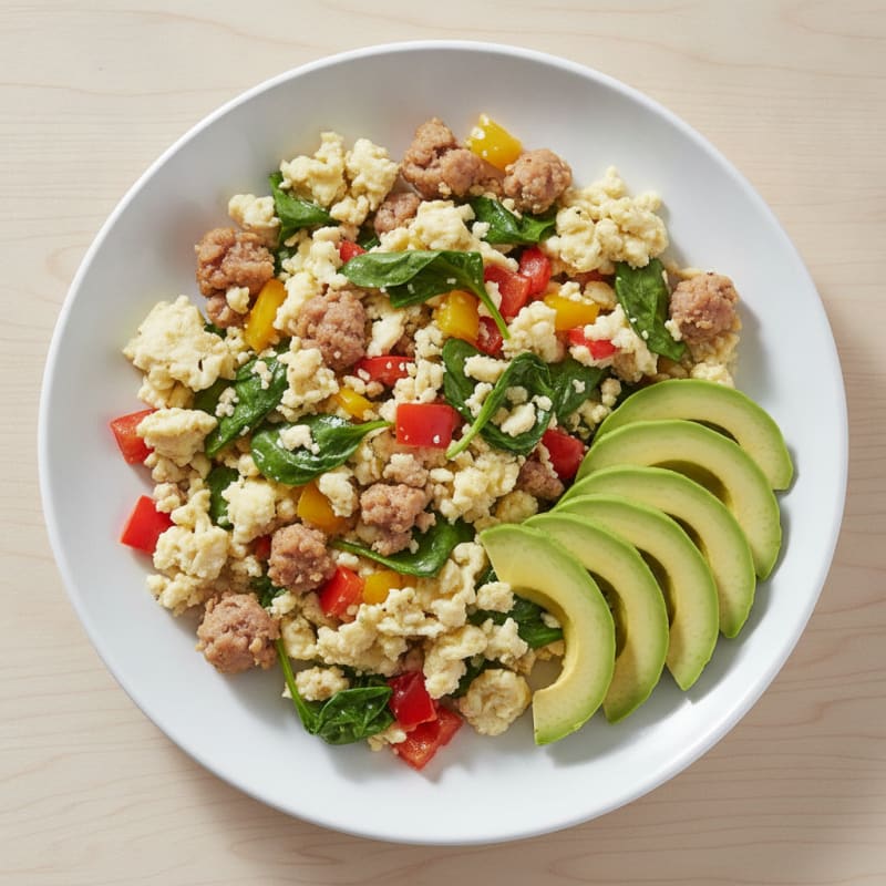 Egg White and Turkey Sausage Scramble with Spinach and Bell Peppers