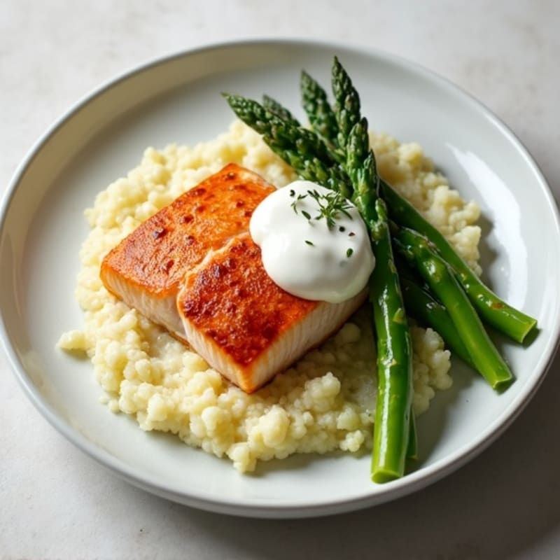 Seared Salmon with Steamed Asparagus and Garlic Cauliflower Mash