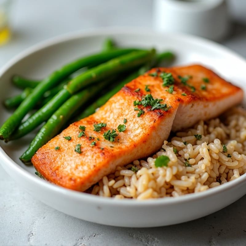 Seared Salmon with Garlic Green Beans and Brown Rice