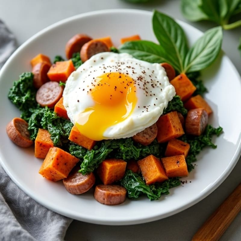 Crispy Sweet Potato Hash with Lean Turkey Sausage and Sautéed Spinach