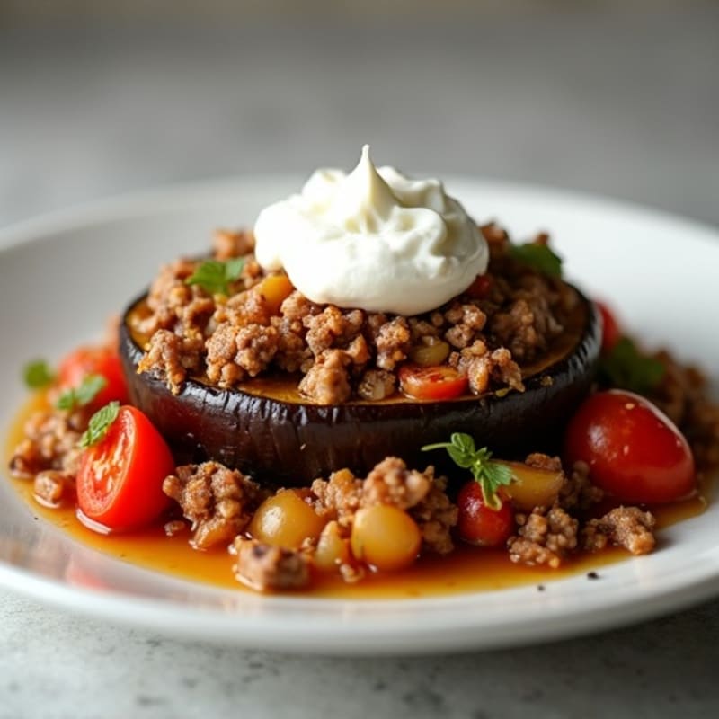 Roasted Eggplant and Savory Ground Lamb Bake with Creamy Topping