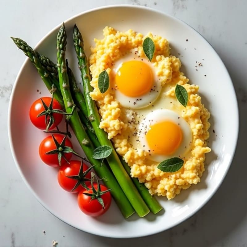 Creamy Scrambled Eggs with Roasted Asparagus and Cherry Tomatoes