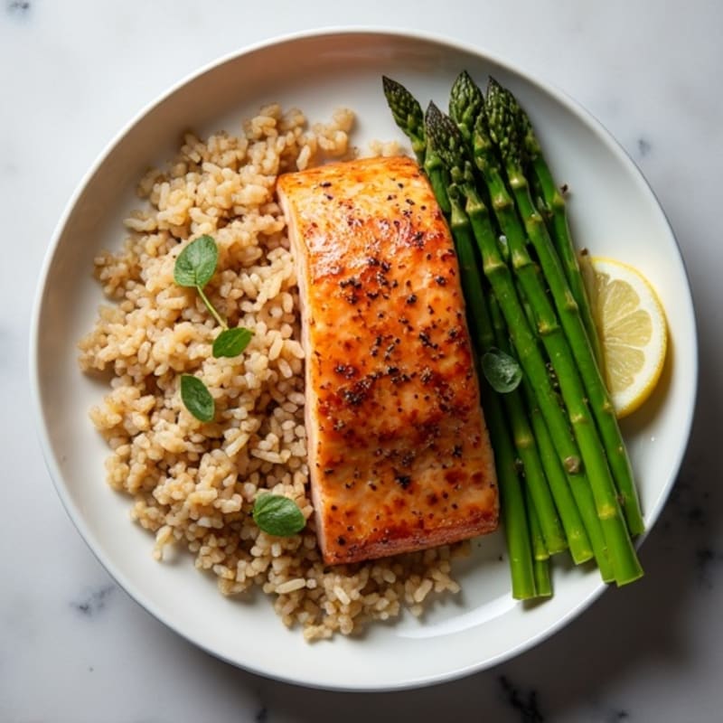 Seared Salmon with Steamed Asparagus and Brown Rice