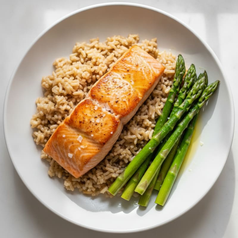 Seared Salmon with Steamed Asparagus and Brown Rice