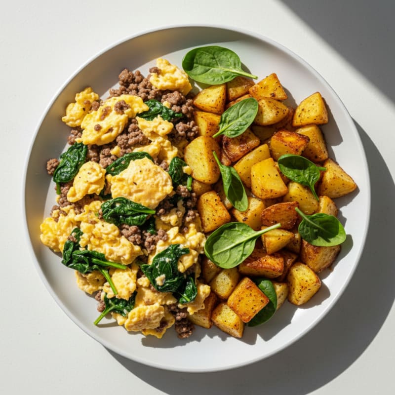 Scrambled Eggs with Roasted Potatoes and Fresh Spinach