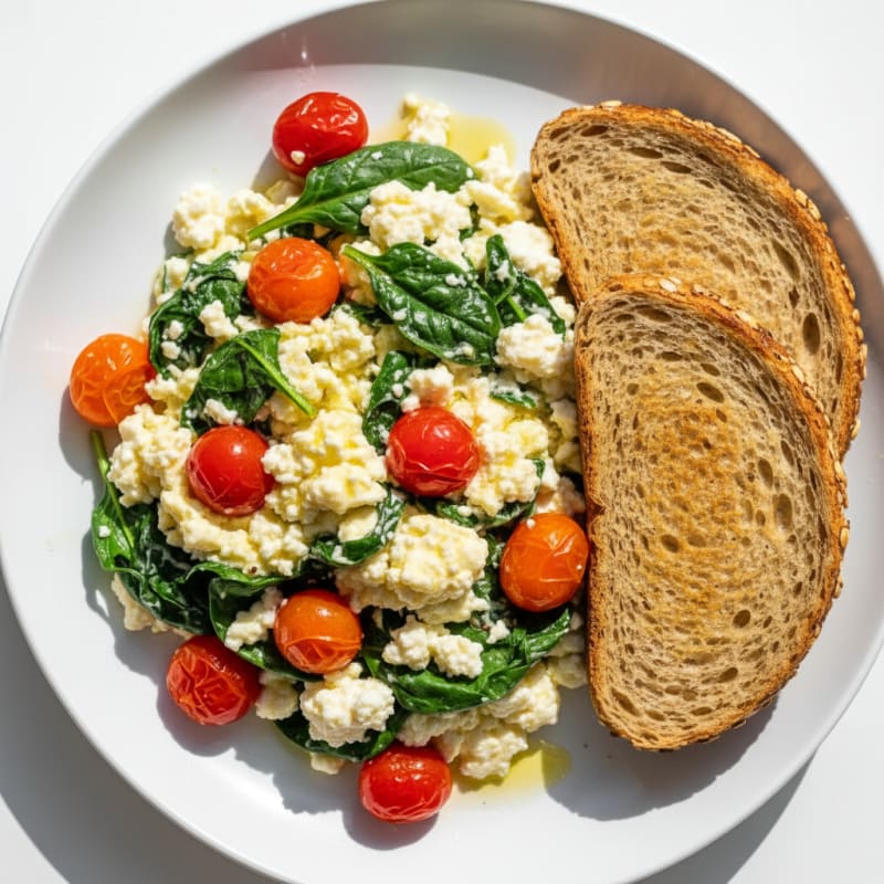 Cottage Cheese and Egg Scramble with Sautéed Spinach and Cherry Tomatoes