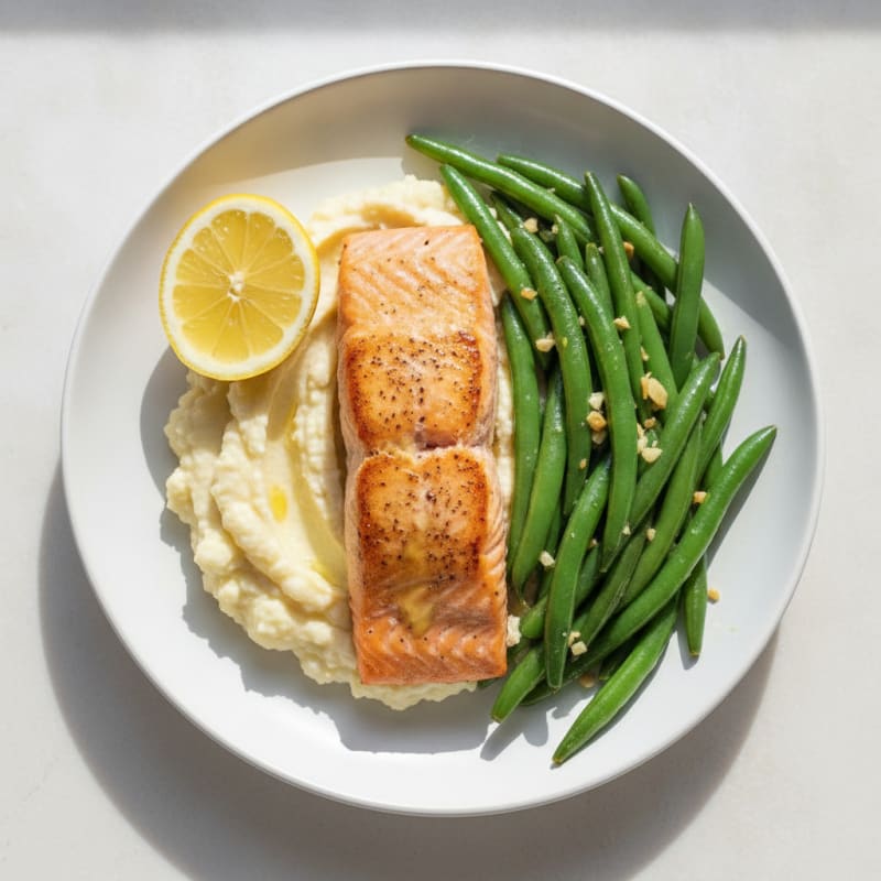 Seared Salmon Fillet with Garlic Green Beans and Mashed Cauliflower