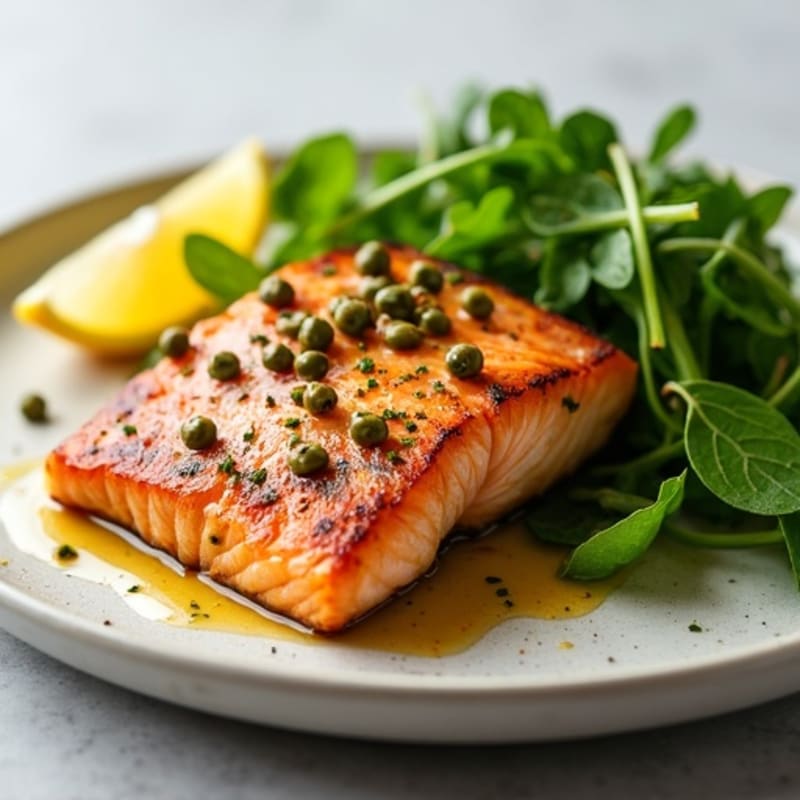 Grilled Salmon Fillet with Field Greens and Lemon Caper Sauce