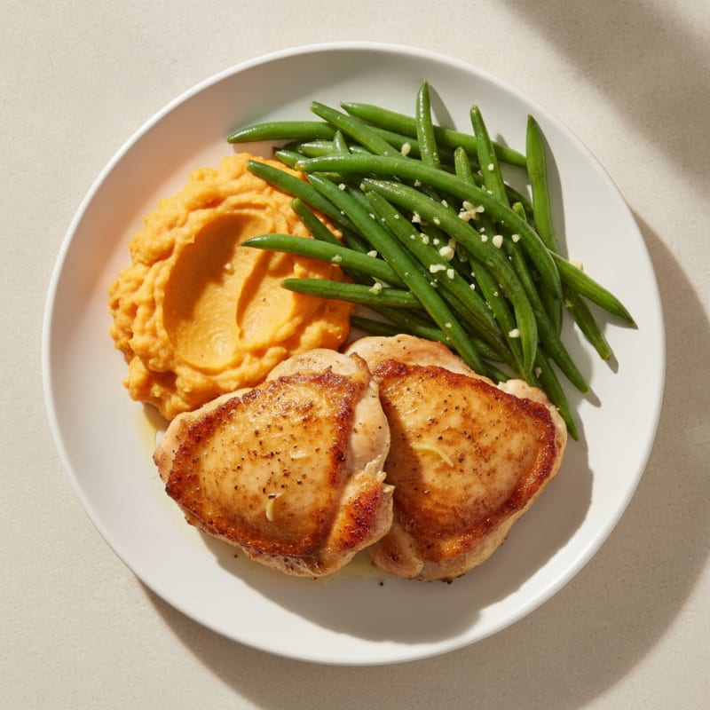 Seared Chicken Thighs with Garlic Green Beans and Sweet Potato Mash
