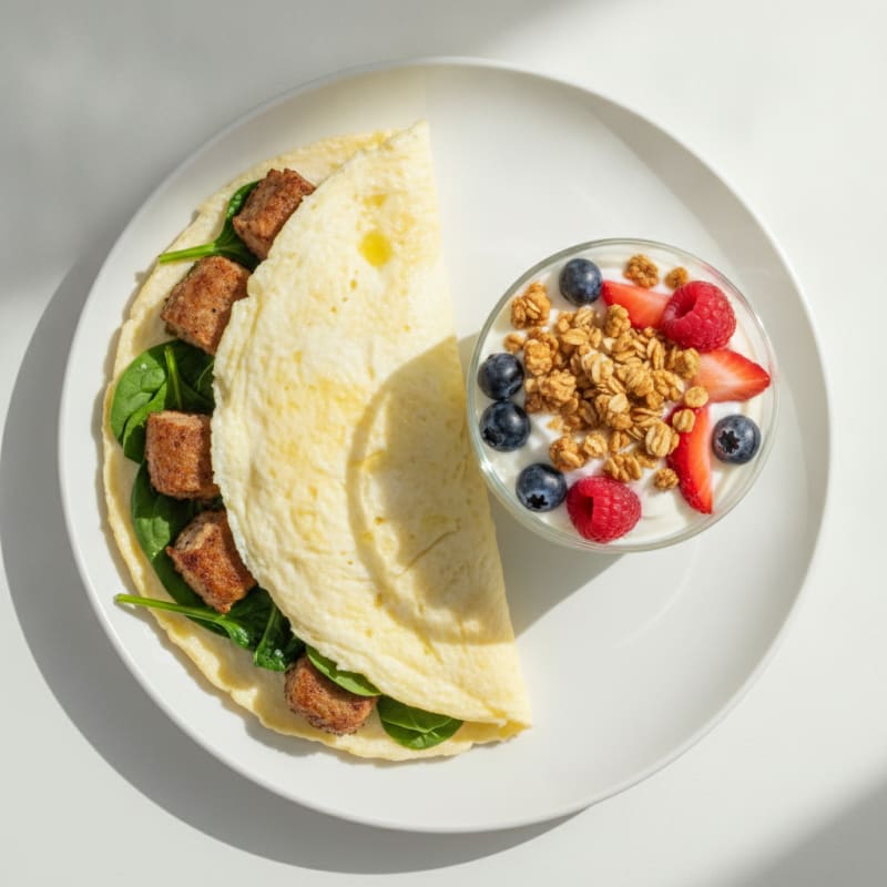 Egg White Omelet with Spinach, Chicken Sausage and Greek Yogurt Parfait with Granola and Berries