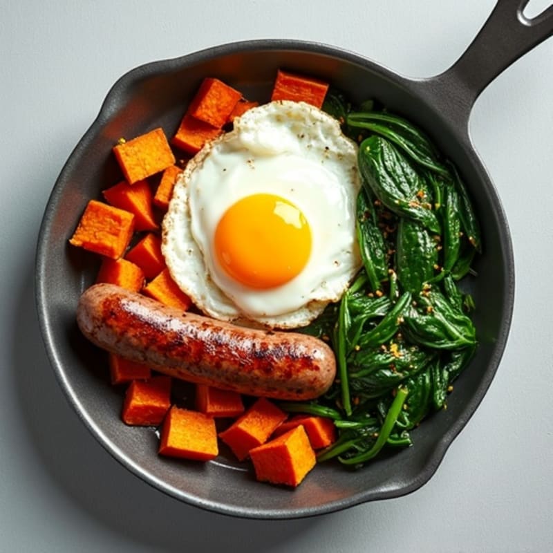 Healthy Egg and Sausage Skillet with Crispy Sweet Potatoes and Sautéed Greens