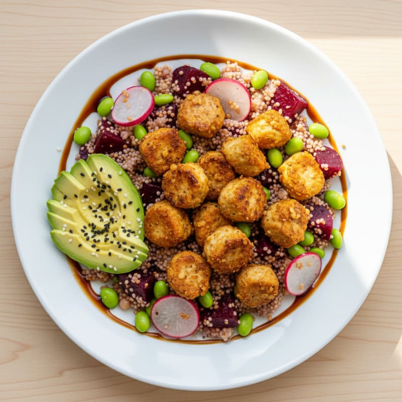 Seared Soya Chunks with Roasted Beet and Radish Couscous