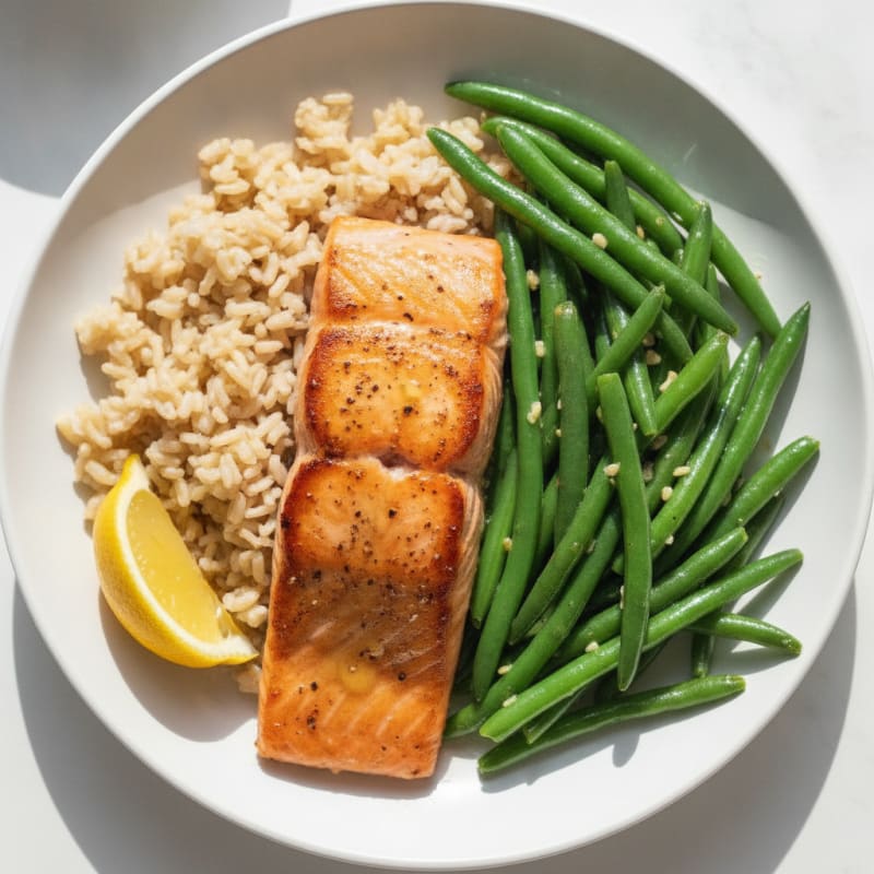 Seared Salmon with Garlic Green Beans and Brown Rice