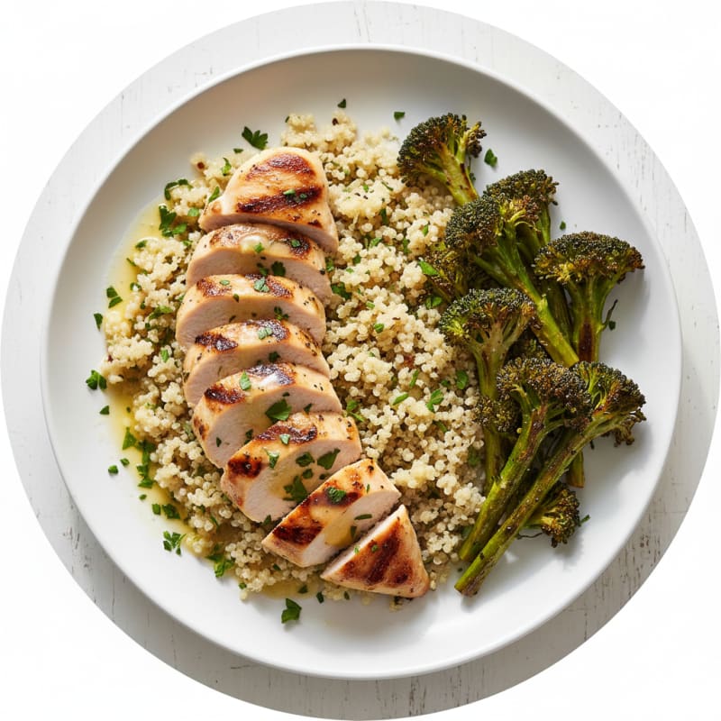 Grilled Lemon Herb Chicken Breast with Quinoa and Roasted Broccoli