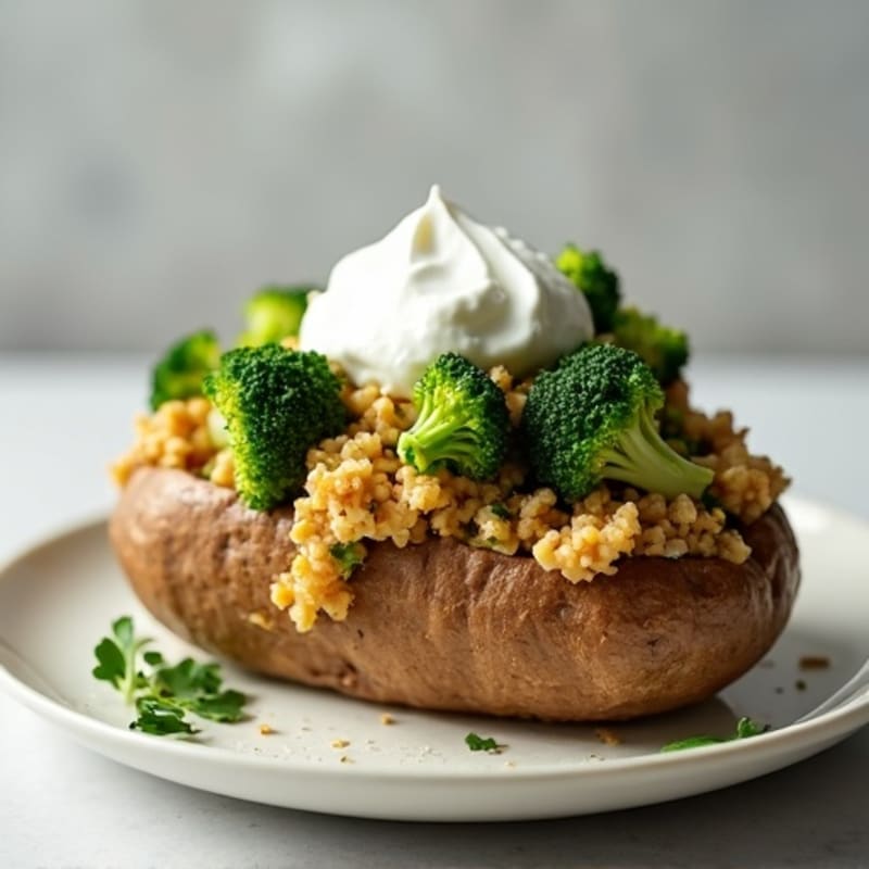 Lean Ground Turkey and Steamed Broccoli Loaded Baked Potato