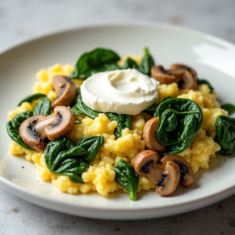 Egg White Spinach Scramble with Cottage Cheese and Sautéed Mushrooms