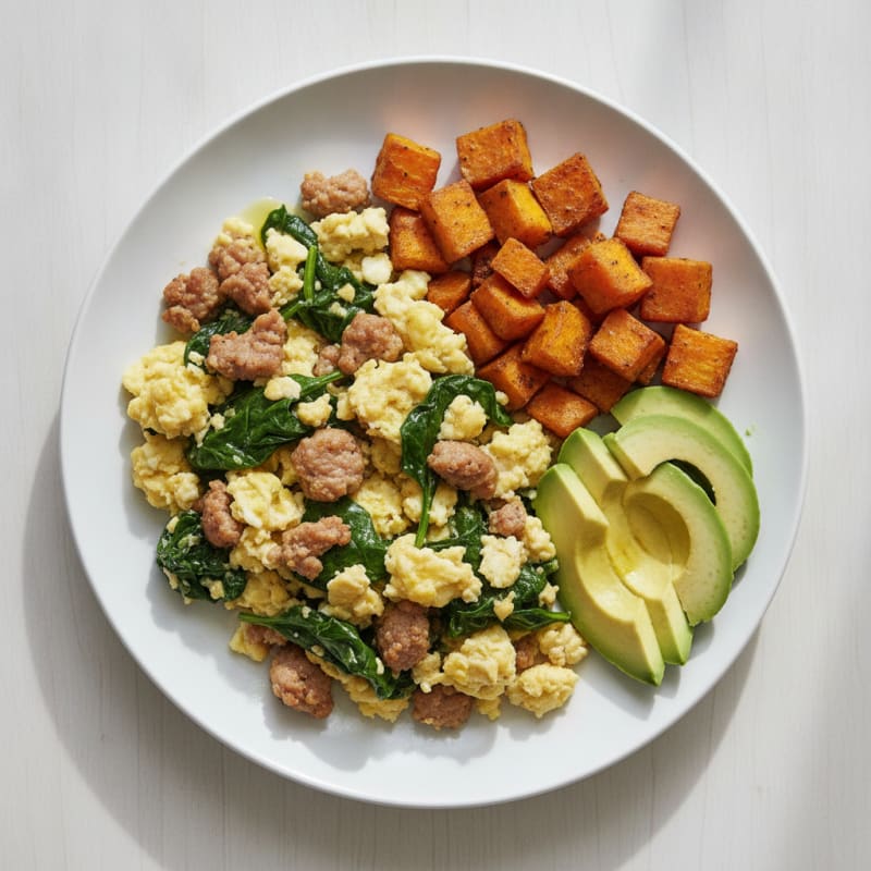 Egg White Scramble with Turkey Sausage and Spinach