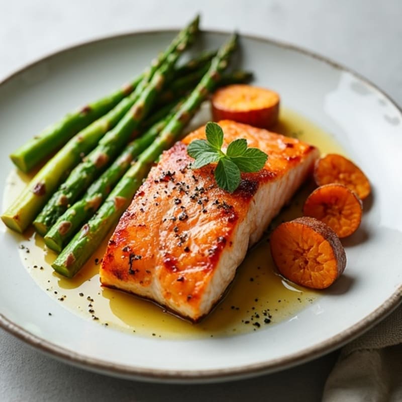 Seared Salmon Fillet with Roasted Sweet Potato and Asparagus