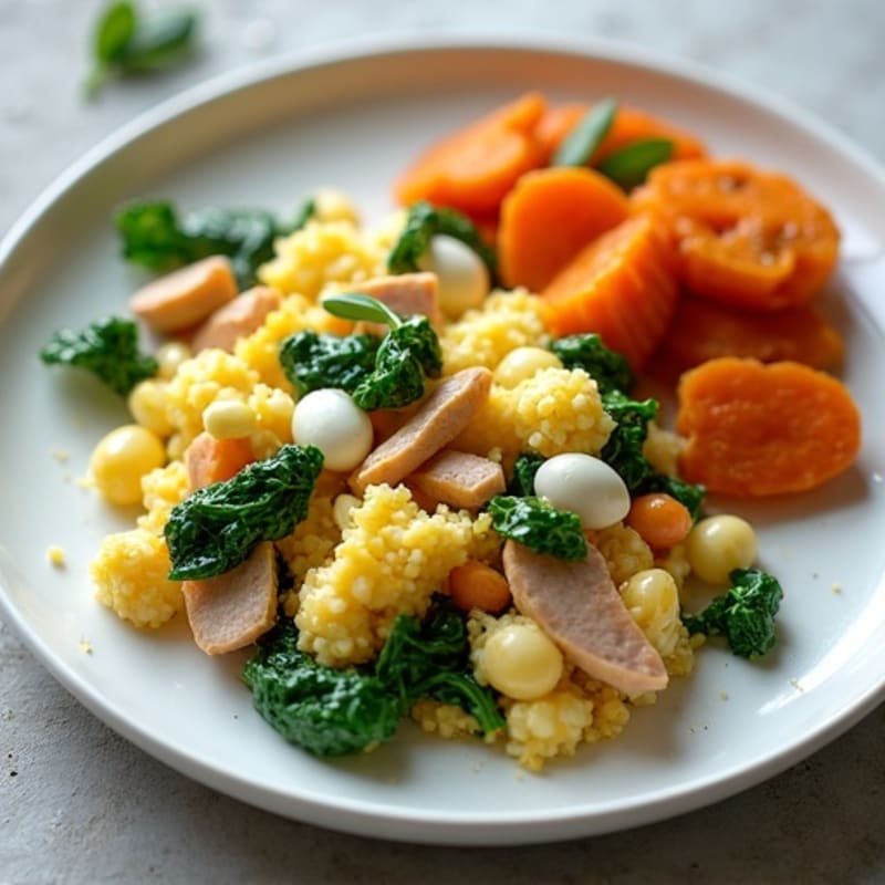 Egg White and Turkey Spinach Scramble with Roasted Sweet Potato