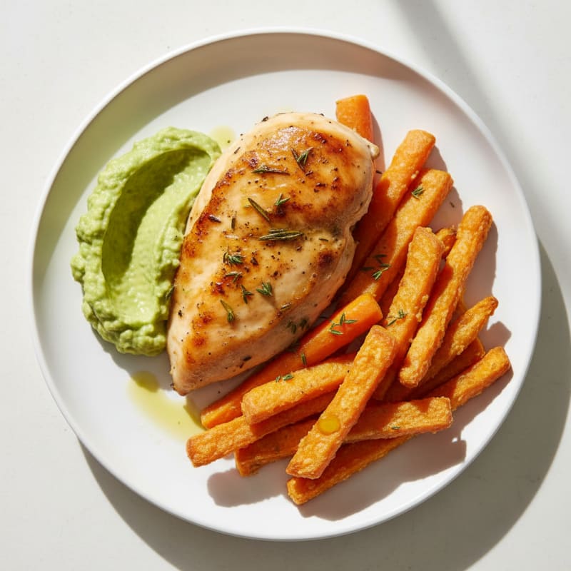 Herb-Roasted Chicken with Crispy Sweet Potato Fries and Steamed Carrots