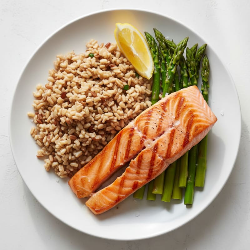 Seared Salmon Fillet with Steamed Asparagus and Brown Rice