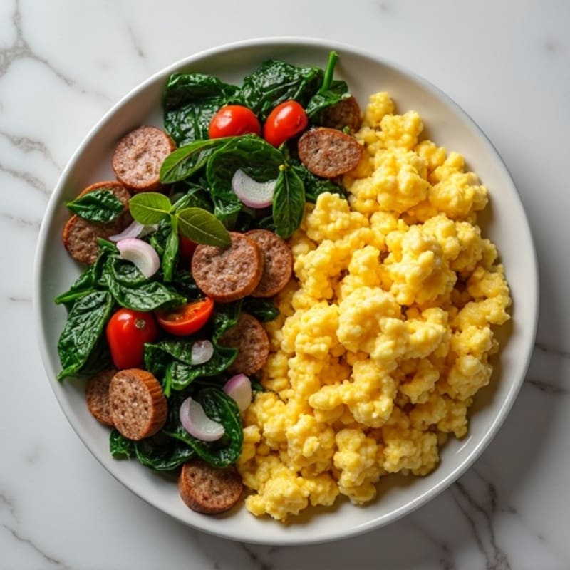 Fluffy Egg and Spinach Scramble with Lean Turkey Sausage