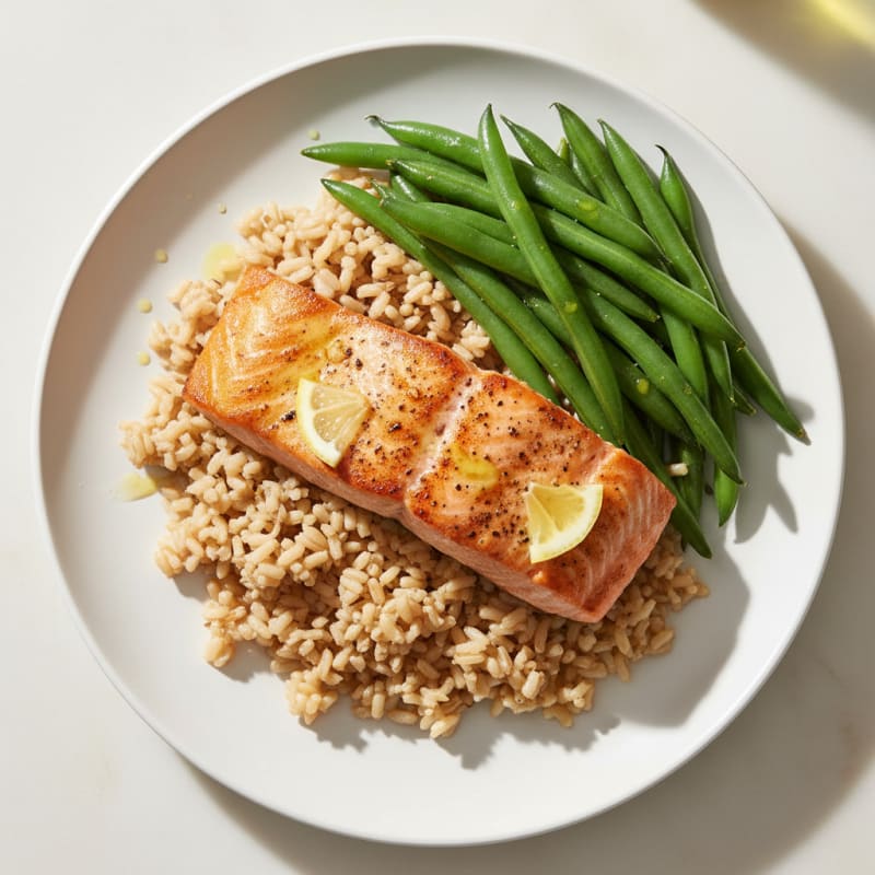 Seared Salmon Fillet with Steamed Green Beans and Brown Rice