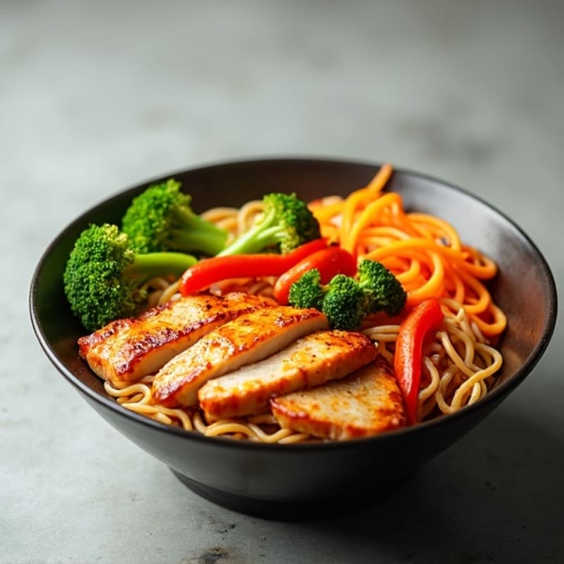 Spicy Sriracha Chicken Ramen with Fresh Vegetables