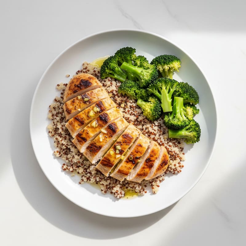 Grilled Lemon Chicken Breast with Quinoa and Steamed Broccoli