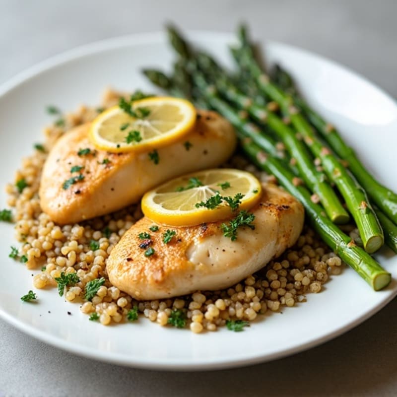 Lemon Garlic Pan-Seared Chicken with Roasted Asparagus and Quinoa