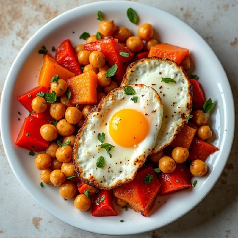 Sheet Pan Roasted Eggs with Crispy Sweet Potatoes and Bell Peppers