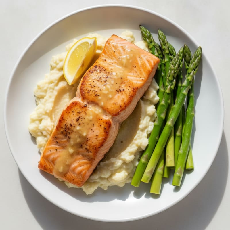 Seared Salmon with Steamed Asparagus and Cauliflower Mash