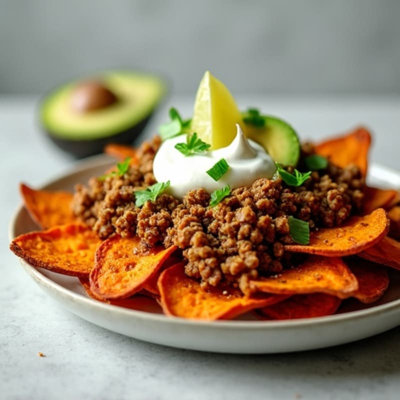 Crispy Sweet Potato Nachos with Lean Ground Turkey and Zesty Lime Cream