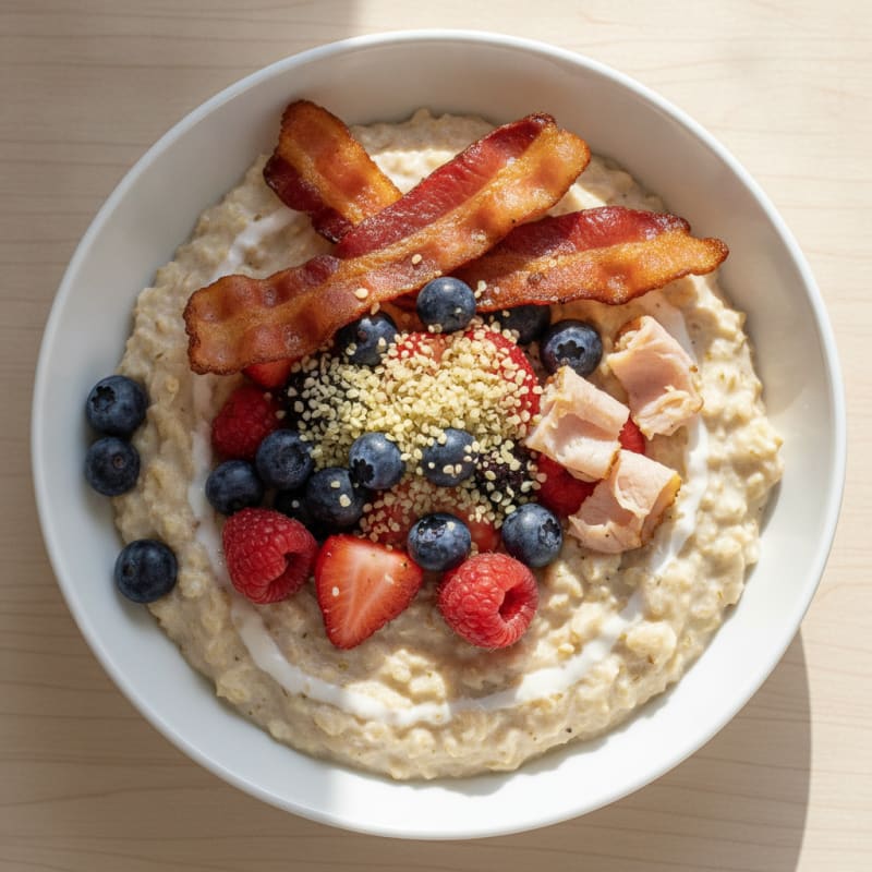 Crispy Turkey Bacon and Oatmeal Protein Bowl with Berries