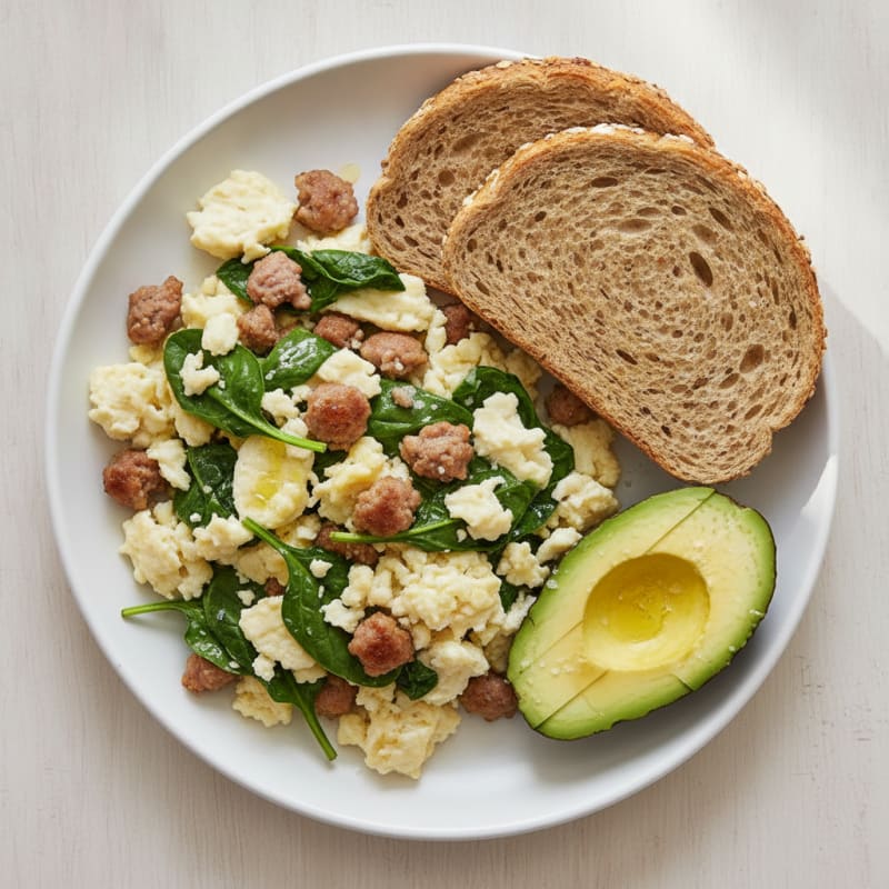 Egg White and Turkey Sausage Scramble with Baby Spinach