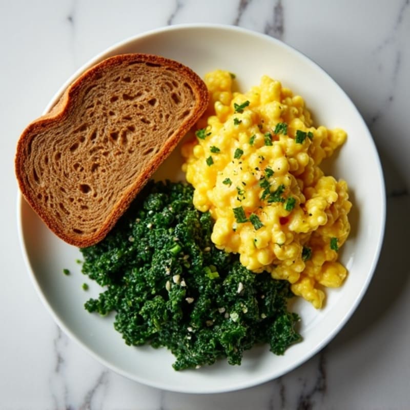 Fresh Herb Scrambled Eggs with Sautéed Greens and Crispy Whole Grain Toast
