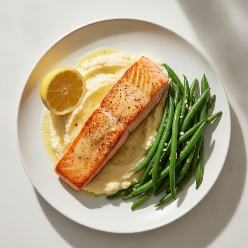 Seared Salmon with Creamy Cauliflower Mash and Sautéed Green Beans