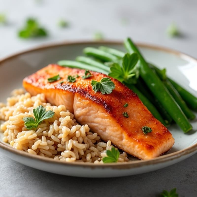 Seared Salmon with Steamed Green Beans and Brown Rice