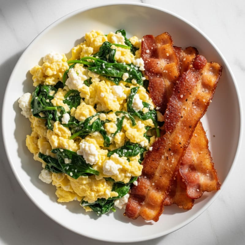 Cottage Cheese Egg Scramble with Spinach and Turkey Bacon