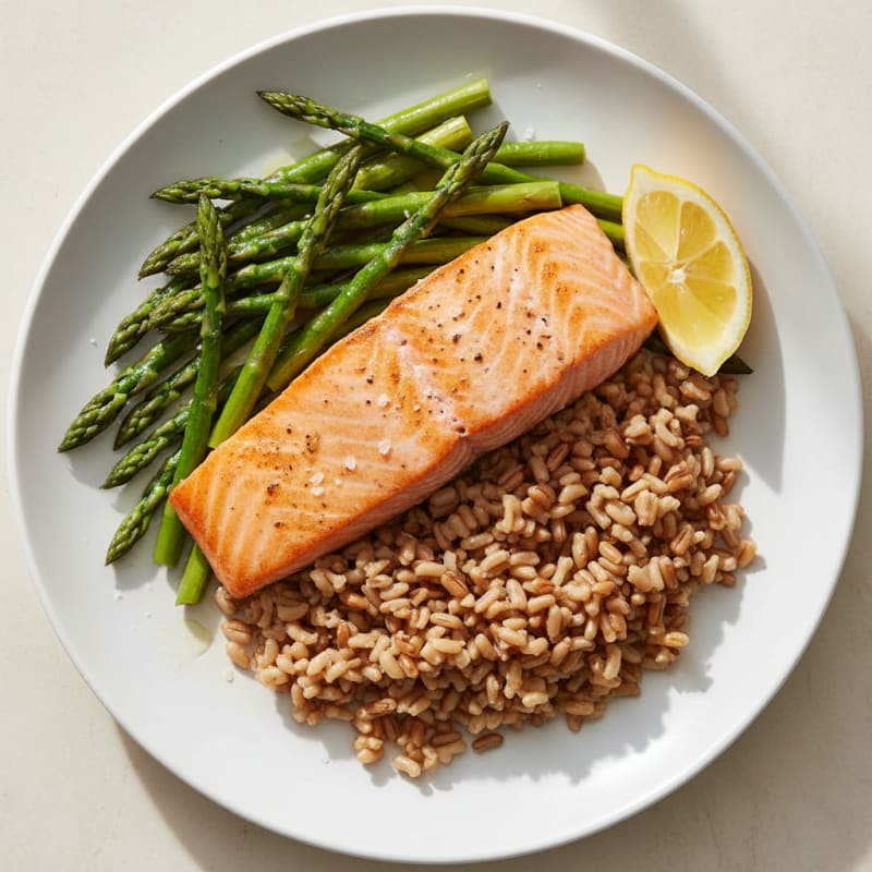 Seared Salmon with Steamed Asparagus and Brown Rice